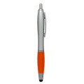 Stylus Click Pen - Silver - Orange Rubber Grip - Pad Printed